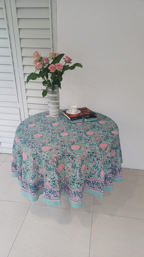 Round Cotton Table Cloth - Turquoise Pink Floral