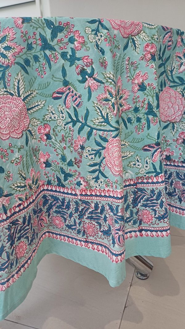 Round Cotton Table Cloth - Turquoise Pink Floral - Image 2