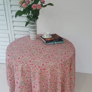Round Cotton Table Cloth - Peach background Green leafy Floral