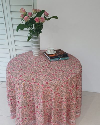 Round Cotton Table Cloth - Peach background Green leafy Floral