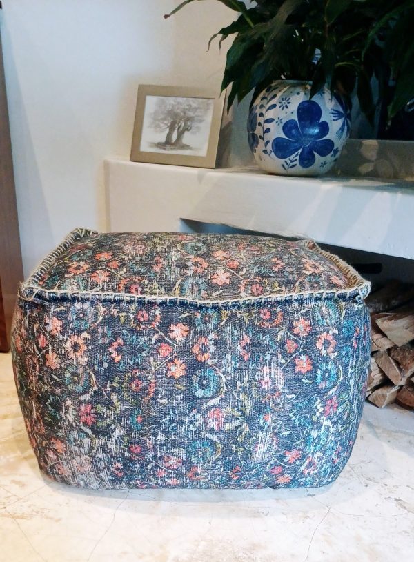Pouff Black Floral - Digital Print with Hand Work & Thermocol Bean Filling - 40cm x 50cm x 35cm