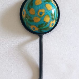 Ceramic Small Single Coat Hook - Turquoise with green yellow flower