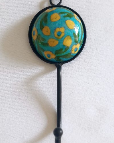Ceramic Small Single Coat Hook - Turquoise with green yellow flower