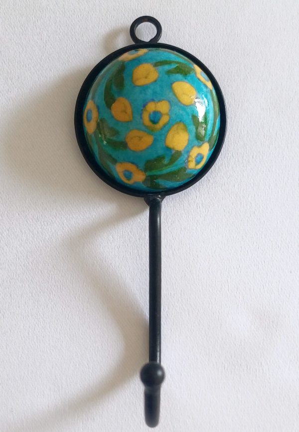 Ceramic Small Single Coat Hook - Turquoise with green yellow flower