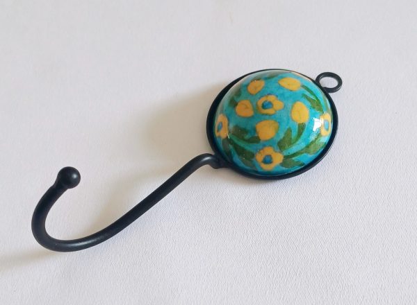 Ceramic Small Single Coat Hook - Turquoise with green yellow flower - Image 2