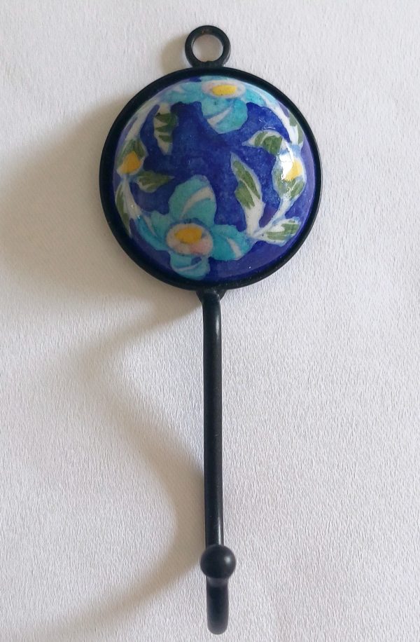 Ceramic Small Single Coat Hook - Turquoise Flower (Large flower)