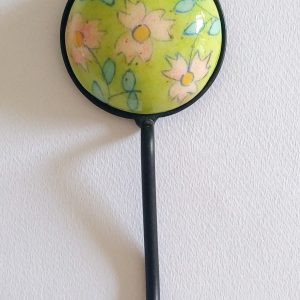 Ceramic Small Single Coat Hook - Lime Green with Pink flowers