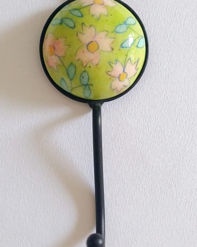 Ceramic Small Single Coat Hook - Lime Green with Pink flowers