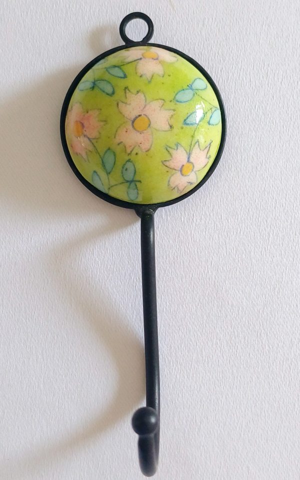Ceramic Small Single Coat Hook - Lime Green with Pink flowers