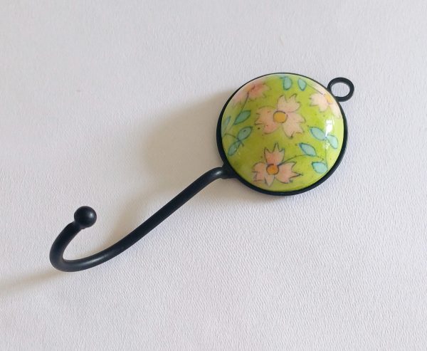 Ceramic Small Single Coat Hook - Lime Green with Pink flowers - Image 2
