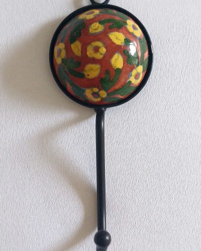 Ceramic Small Single Coat Hook - Small yellow flowers on brown background