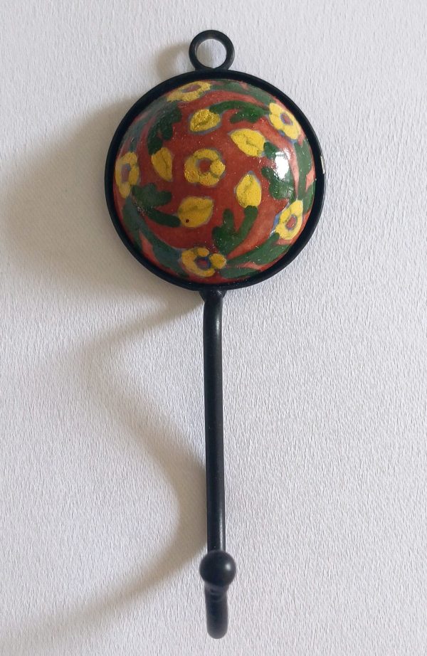 Ceramic Small Single Coat Hook - Small yellow flowers on brown background