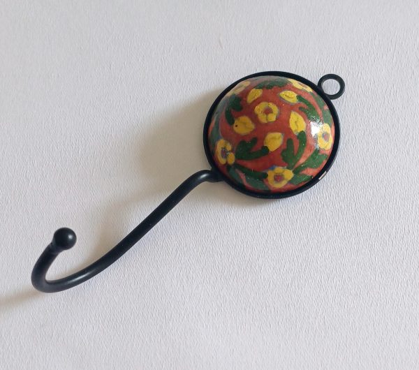 Ceramic Small Single Coat Hook - Small yellow flowers on brown background - Image 2