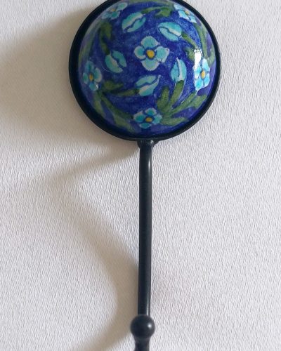 Ceramic Small Single Coat Hook - Turquoise Flowers on blue background (small flowers)