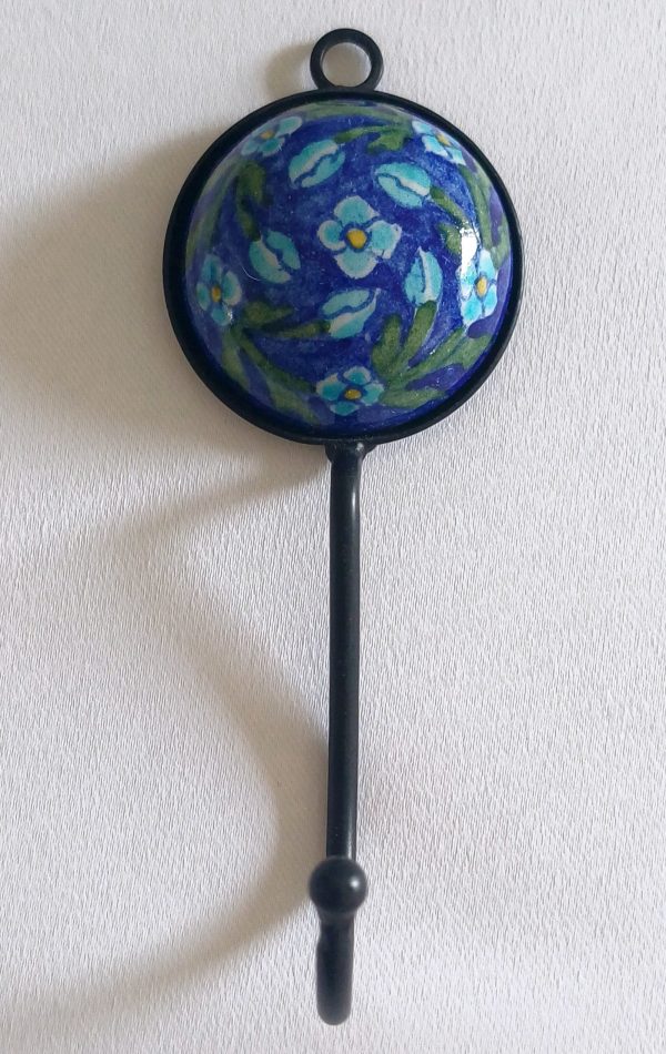 Ceramic Small Single Coat Hook - Turquoise Flowers on blue background (small flowers)