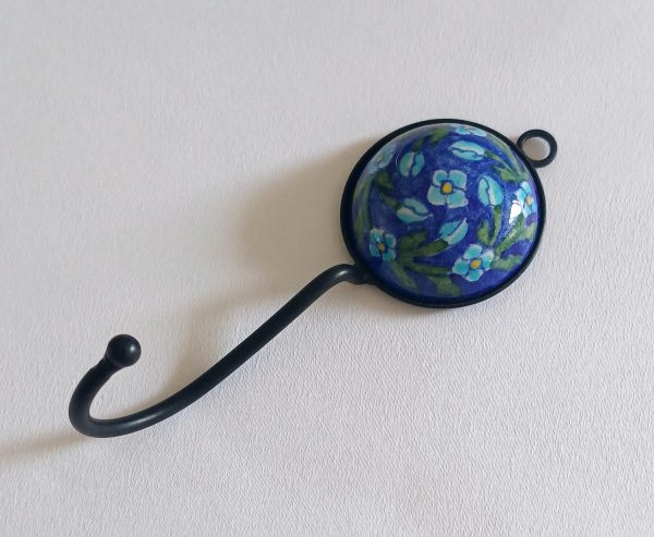 Ceramic Small Single Coat Hook - Turquoise Flowers on blue background (small flowers) - Image 2
