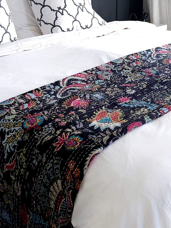 Bedspread Single (Kantha) Screen Print Gudari (2 layer) - Black Floral - Image 4