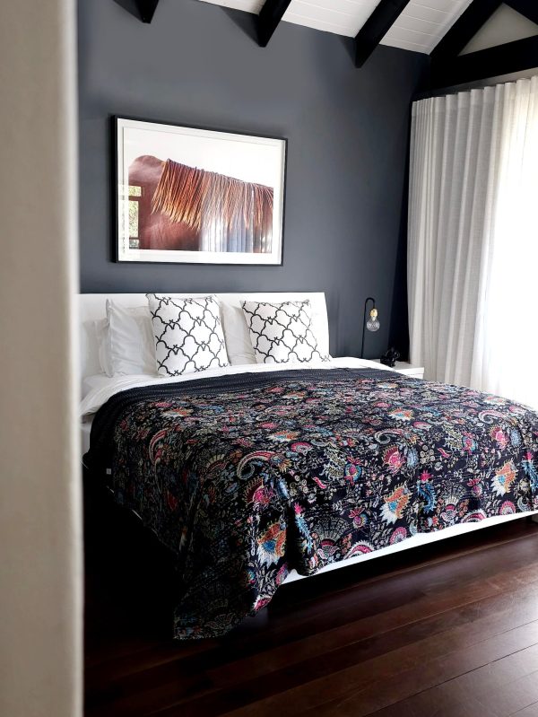 Bedspread Single (Kantha) Screen Print Gudari (2 layer) - Black Floral - Image 5