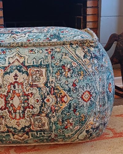 Pouff turquoise blue - Digital Print with Hand Work & Thermocol Bean Filling - 40cm x 50cm x 35cm