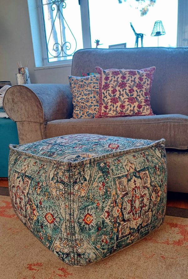 Pouff turquoise blue - Digital Print with Hand Work & Thermocol Bean Filling - 40cm x 50cm x 35cm - Image 4
