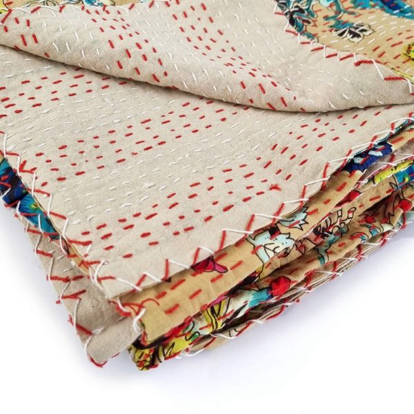 Single Size Cream Floral Cotton Kantha - Image 2