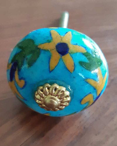 Ceramic Door Knob - Turquoise Flowers