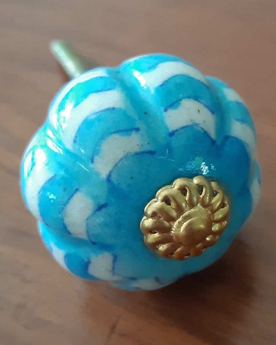 Ceramic Door Knob - White & Turquoise Stripes