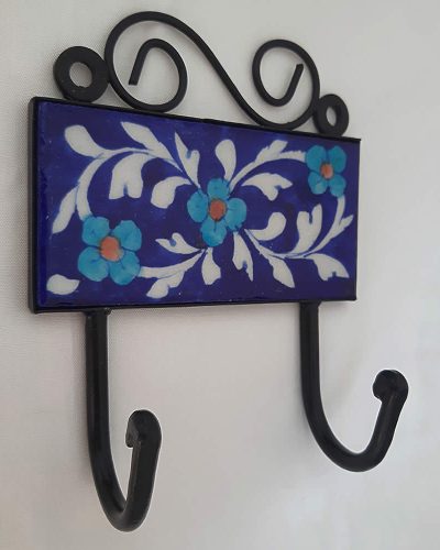 Ceramic Double Coat Hook - Dark Blue Floral