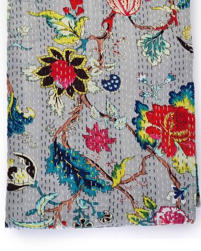 Single Size Grey Cotton Kantha