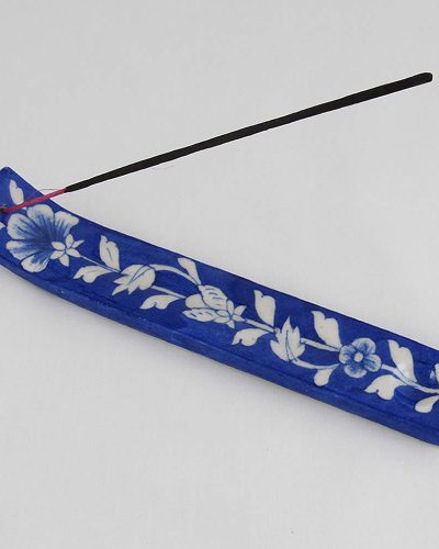 Pottery - Long Incense Holder - Dark Blue Floral