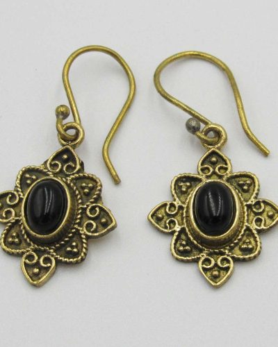 Brass-Plated Drop Earrings with Black Bead