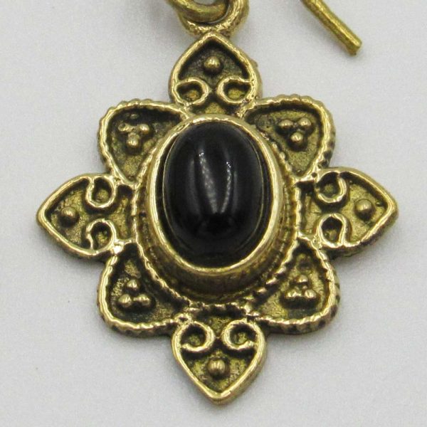 Brass-Plated Drop Earrings with Black Bead - Image 2