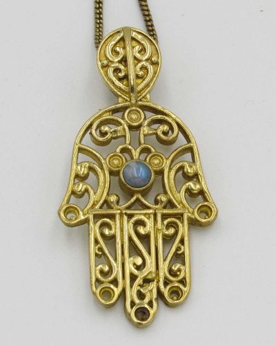 Hand Pendant with Grey Bead - Brass Plated