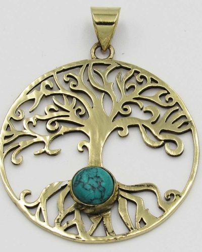 Tree of Life Pendant with Turquoise Bead - Gold Plated