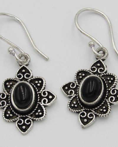 Silver-Plated Drop Earrings with Black Bead
