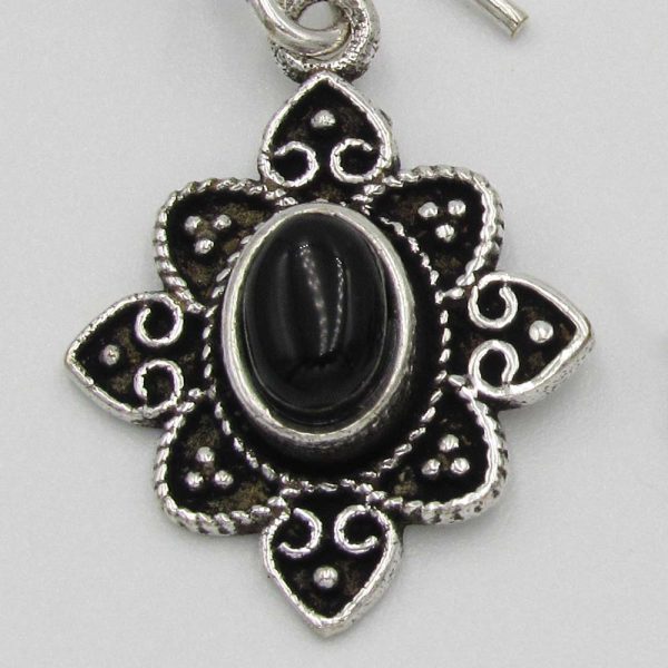 Silver-Plated Drop Earrings with Black Bead - Image 2