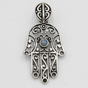 Hand Pendant with Grey Bead - Silver Plated