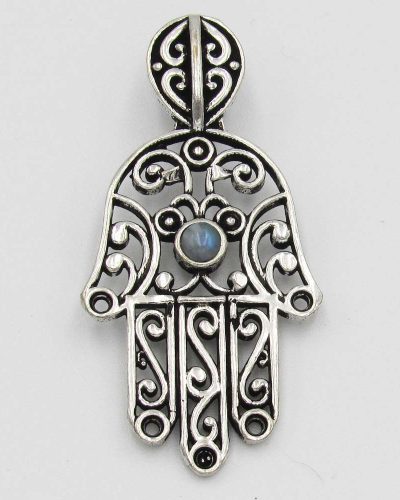 Hand Pendant with Grey Bead - Silver Plated