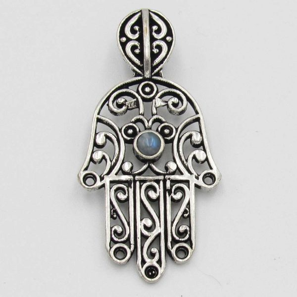 Hand Pendant with Grey Bead - Silver Plated