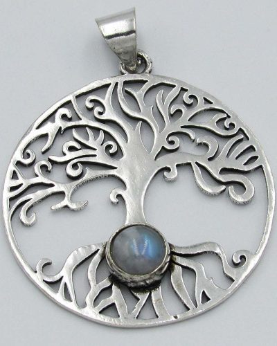 Tree of Life Pendant with Grey Bead - Silver Plated