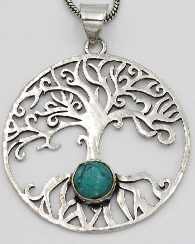 Tree of Life Pendant with Turquoise Bead - Silver Plated