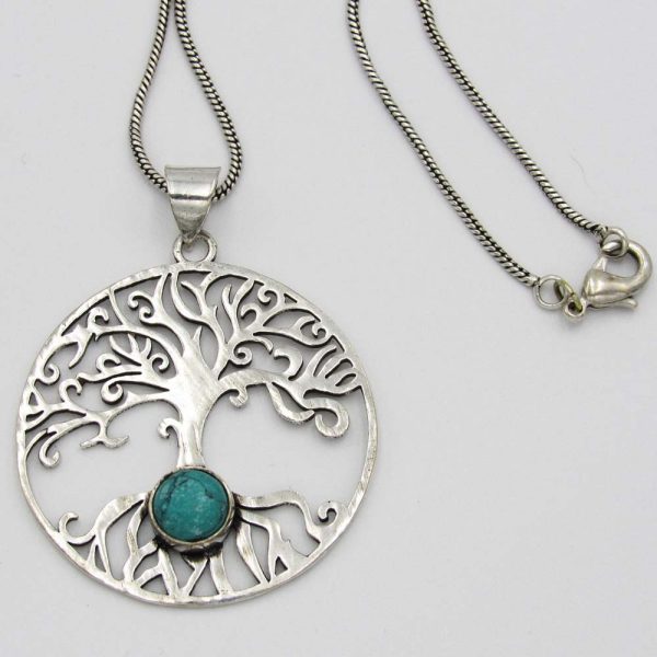 Tree of Life Pendant with Turquoise Bead - Silver Plated - Image 3