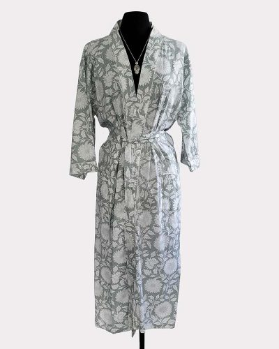 Ladies Cotton Dressing Gown - Grey and White Floral Pattern