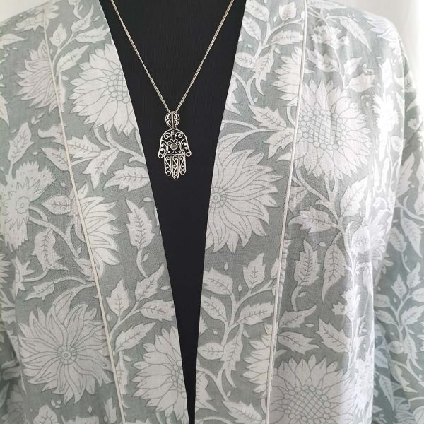 Ladies Cotton Dressing Gown - Grey and White Floral Pattern - Image 2