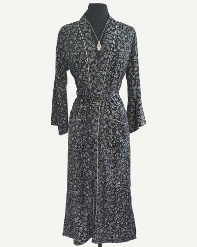 Ladies Dressing Gown - Black Floral Pattern