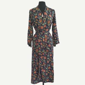 Ladies Dressing Gown - Dark Blue Floral Pattern