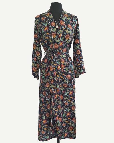 Ladies Dressing Gown - Dark Blue Floral Pattern