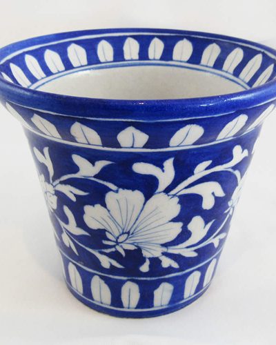 Pottery - Large Planter Pot - White Floral Motif on Blue