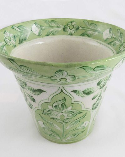 Pottery - Large Planter Pot - Floral Motif on Green