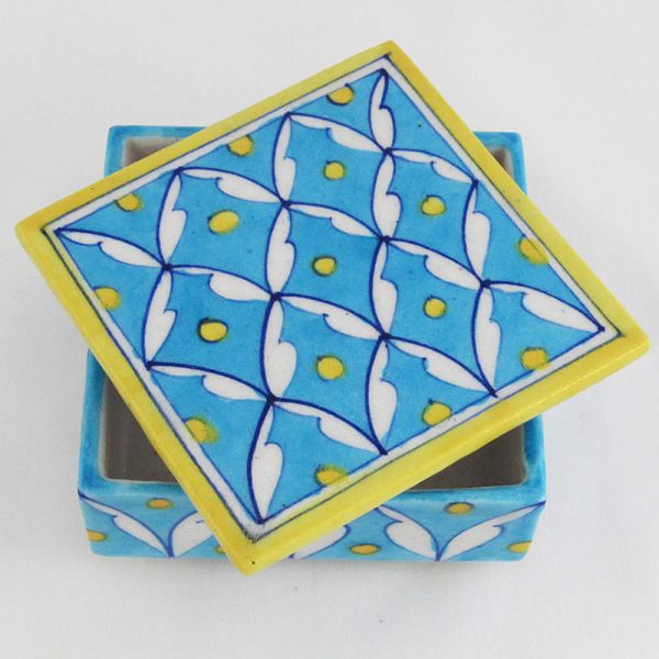 Square Trinket Box - White and Yellow on Turquoise - Image 2
